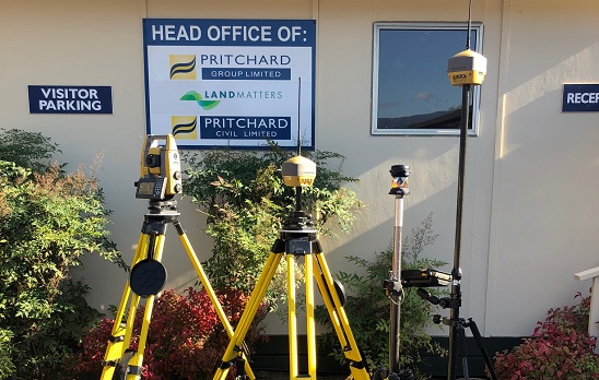 Land Matters head office displaying GT Series robotic total station, HiPer HR, GNSS receiver and Prism